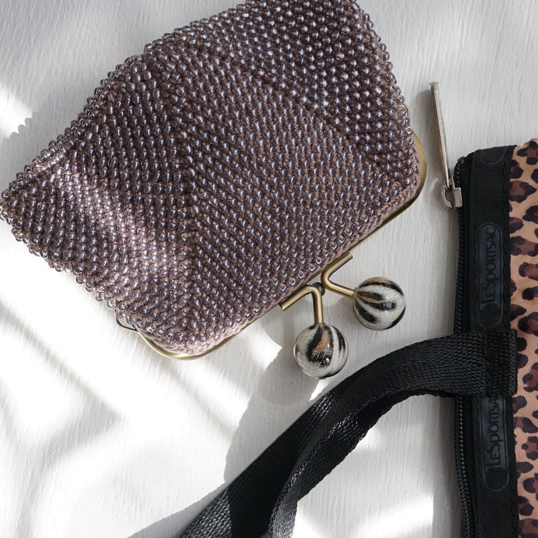 Ba-ba handmade Beads crochet square pouch No.1894 - 化妆包/杂物包 - 其他材质 咖啡色