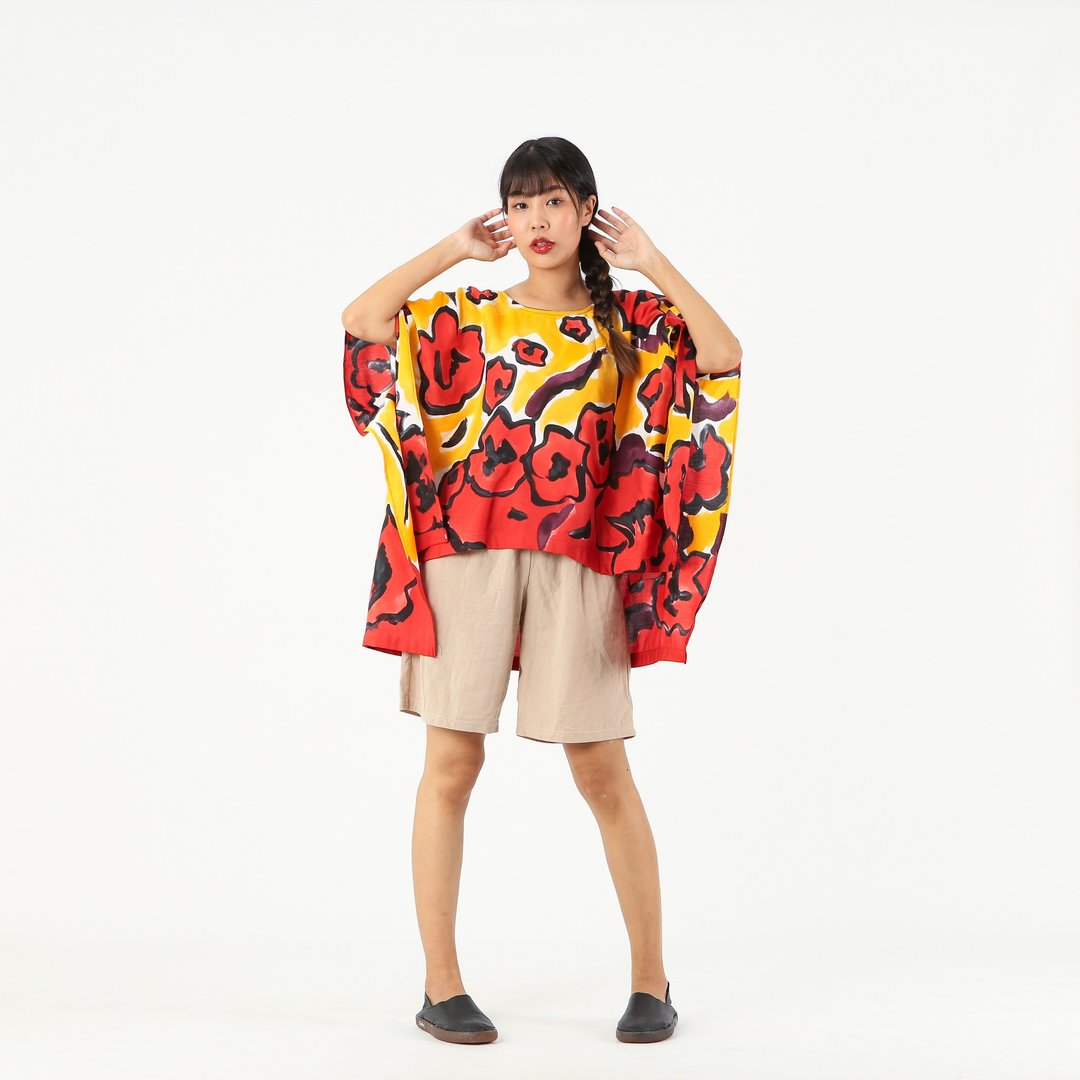 Poncho Blouse  Hand Paint For Summer Beach Vacation - 女装上衣 - 棉 红色