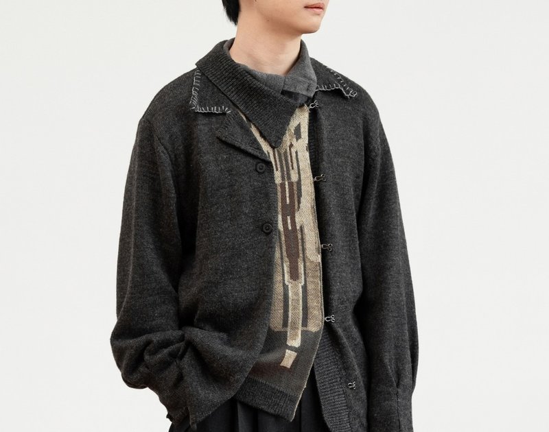 【山谷】森系文艺复古 费尔岛双层羊毛开衫 - 男装外套 - 其他材质 灰色