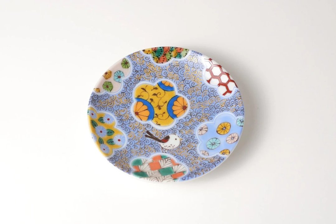 【现货】日本进口 九谷烧艺术小盘 10.4cm-花鸟转瞬成雪 樱井千绘 - 盘子/餐盘/盘架 - 瓷 蓝色