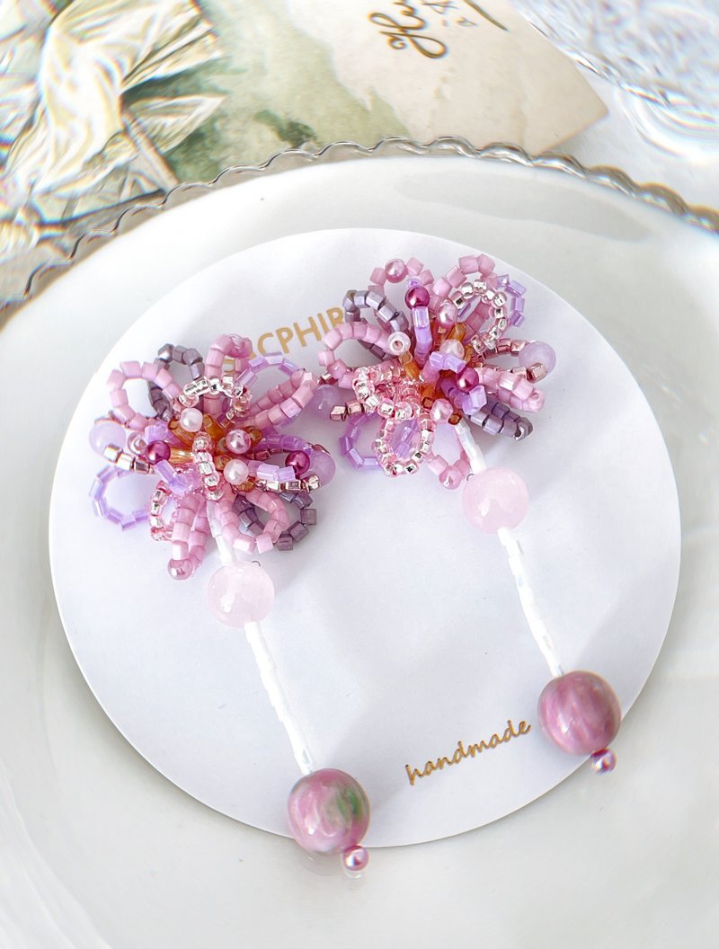 粉红梦幻花花耳环 - 耳环/耳夹 - 其他材质 粉红色