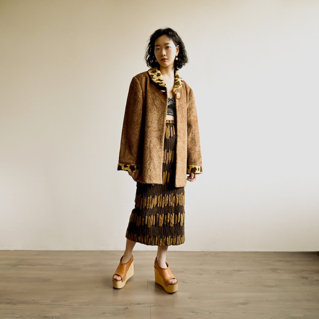 【NaSuBi Vintage】拼接领宽松绒面古着外套 - 女装休闲/机能外套 - 其他人造纤维 