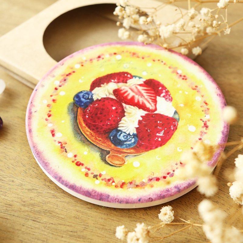 【草莓塔】手绘美食杯垫/莺歌陶瓷吸水杯垫/陶瓷杯垫/圆形杯垫 - 杯垫 - 陶 红色