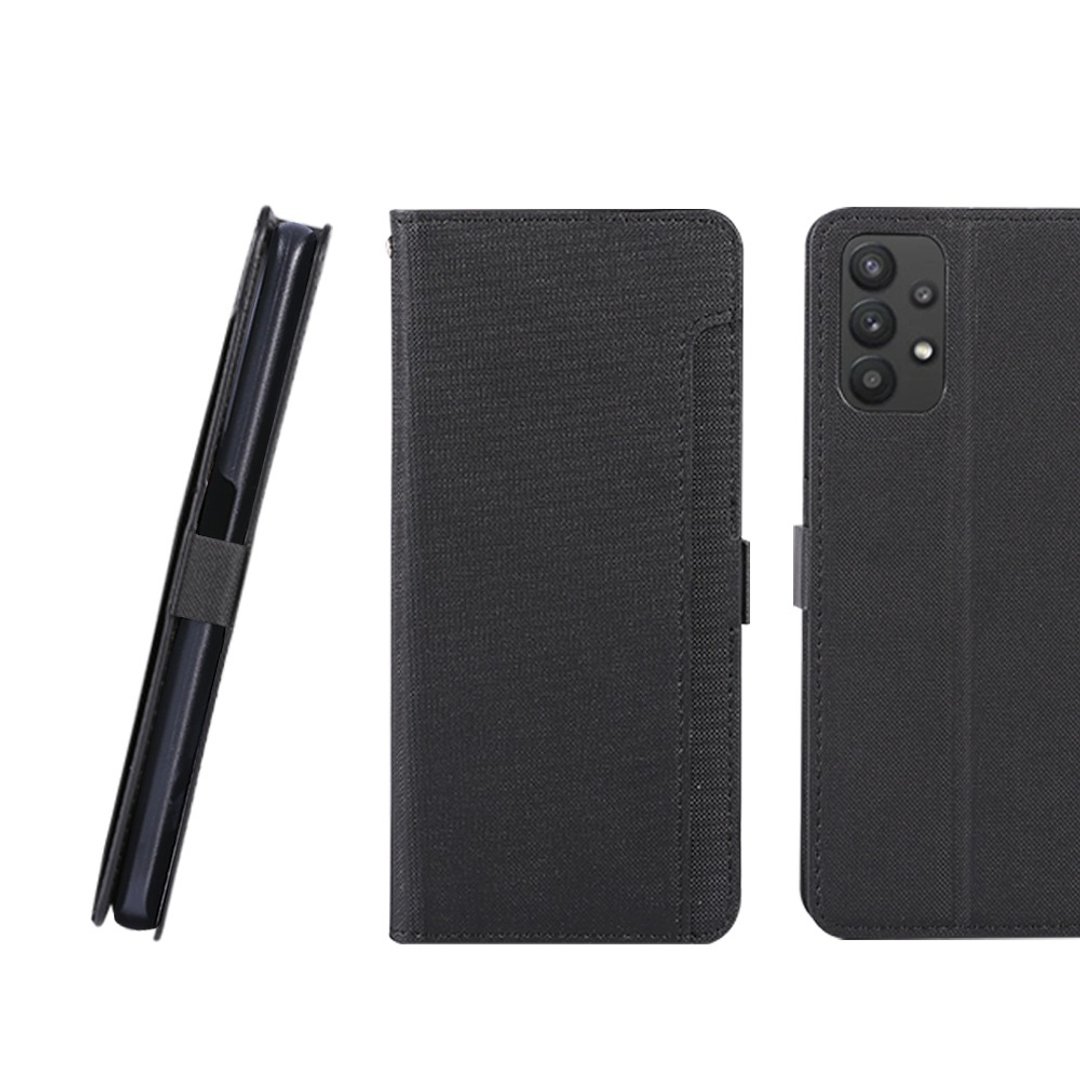 CASE SHOP SAMSUNG Galaxy A32(5G) 专用前插卡侧立式皮套-黑 - 手机壳/手机套 - 人造皮革 黑色