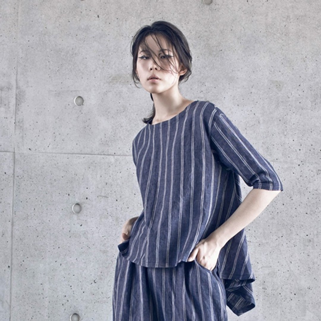【订制】亚麻条纹中袖上衣 - 女装上衣 - 棉 蓝色