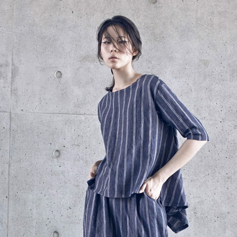 【订制】亚麻条纹中袖上衣 - 女装上衣 - 棉．麻 蓝色