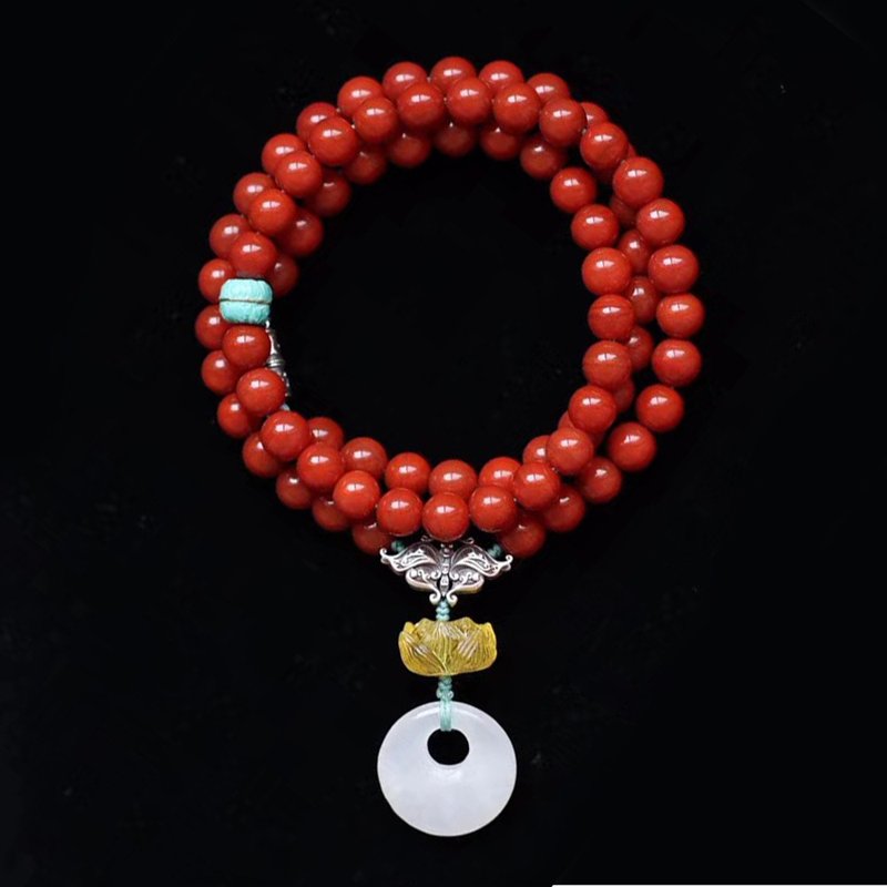 【新店福利价】原创天然南红手链/配和田白玉平安扣蜜蜡莲花 - 手链/手环 - 半宝石 