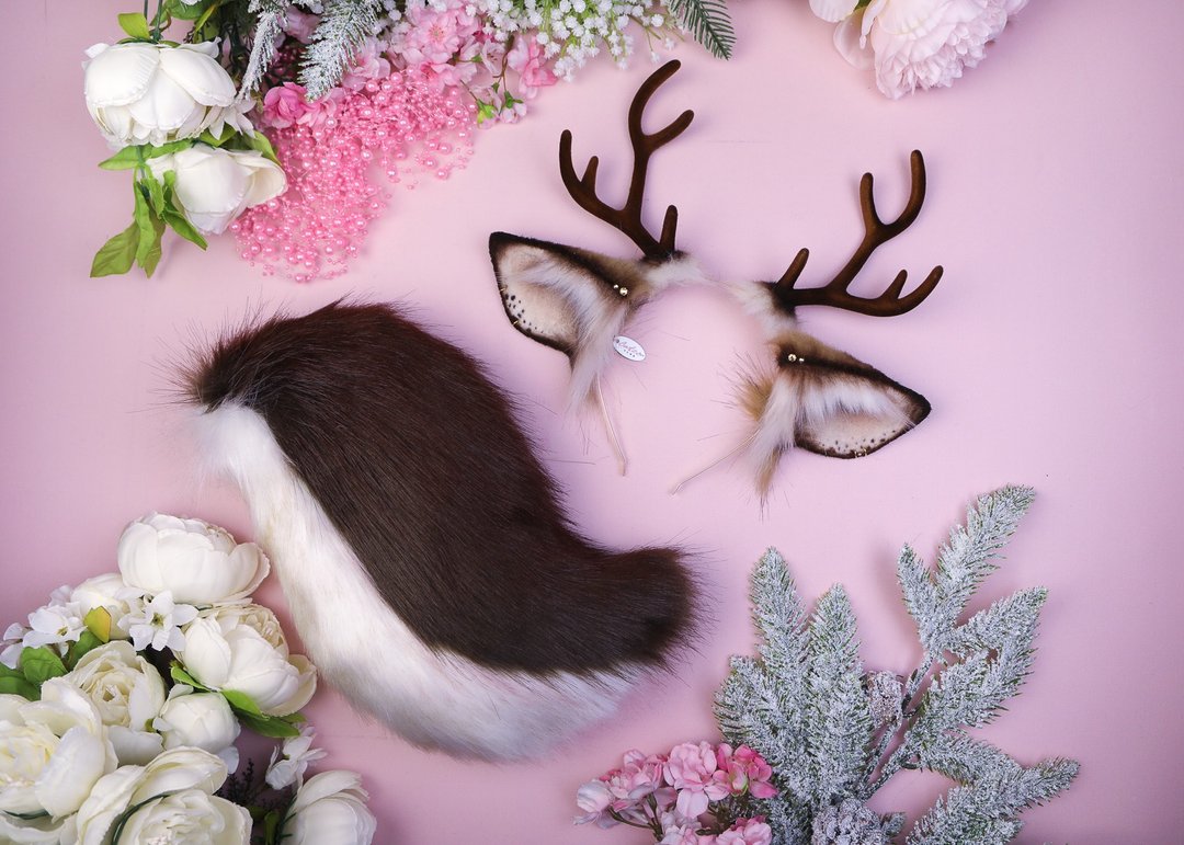 Realistic Deer Ears and Tail Set Faux Fur Ears and Tail Set - 发饰 - 其他人造纤维 咖啡色