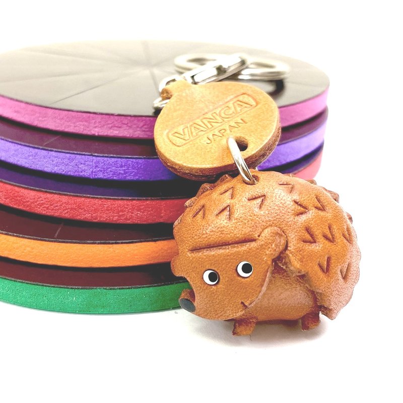 刺猬 动物 迷你 真皮钥匙圈 手作 日本制 立体造型 VANCA - 钥匙链/钥匙包 - 真皮 咖啡色