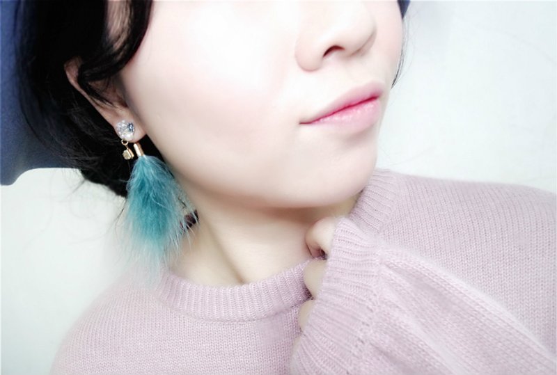 百变 多重配搭耳环 套装 毛毛流苏耳针 (湖水绿色) - 耳环/耳夹 - 其他材质 绿色