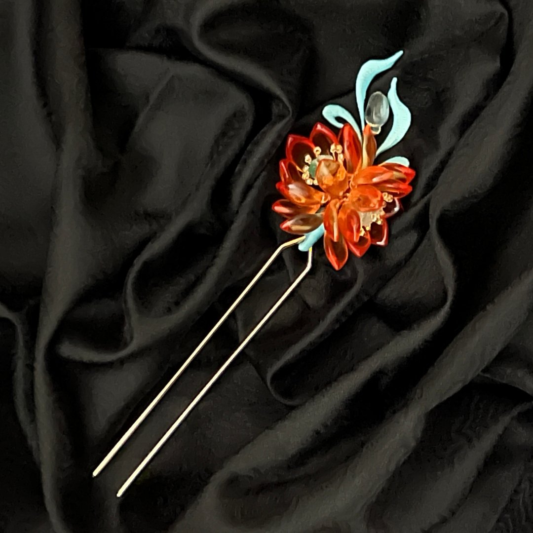 好事莲莲并蒂莲琉璃辑珠缠花发钗 - 发饰 - 琉璃 橘色