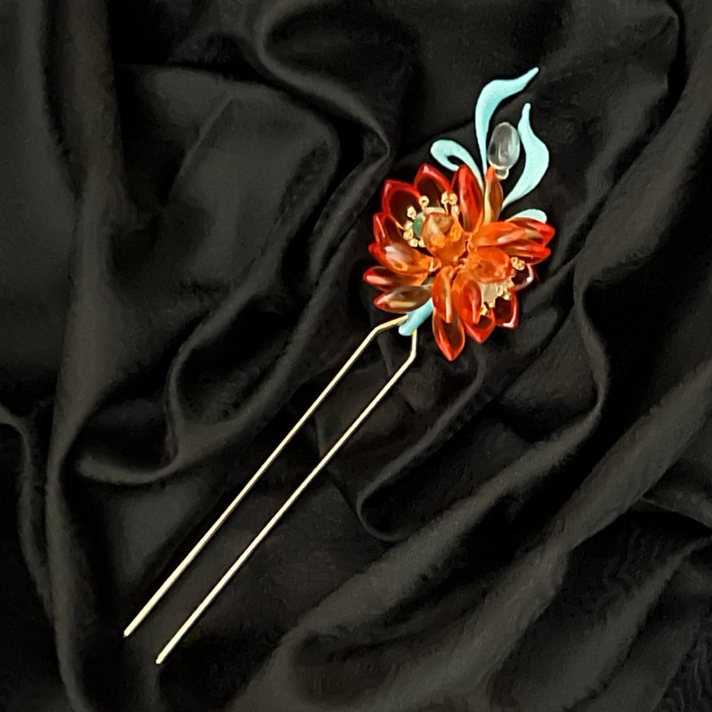 好事莲莲并蒂莲琉璃辑珠缠花发钗 - 发饰 - 琉璃 橘色