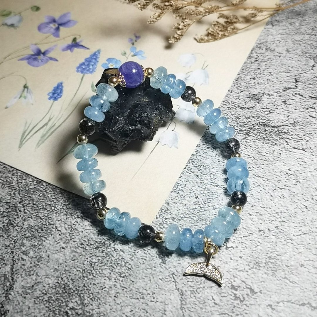 海蓝宝叠珠 黑发晶 丹泉石 设计手链 - 手链/手环 - 水晶 蓝色