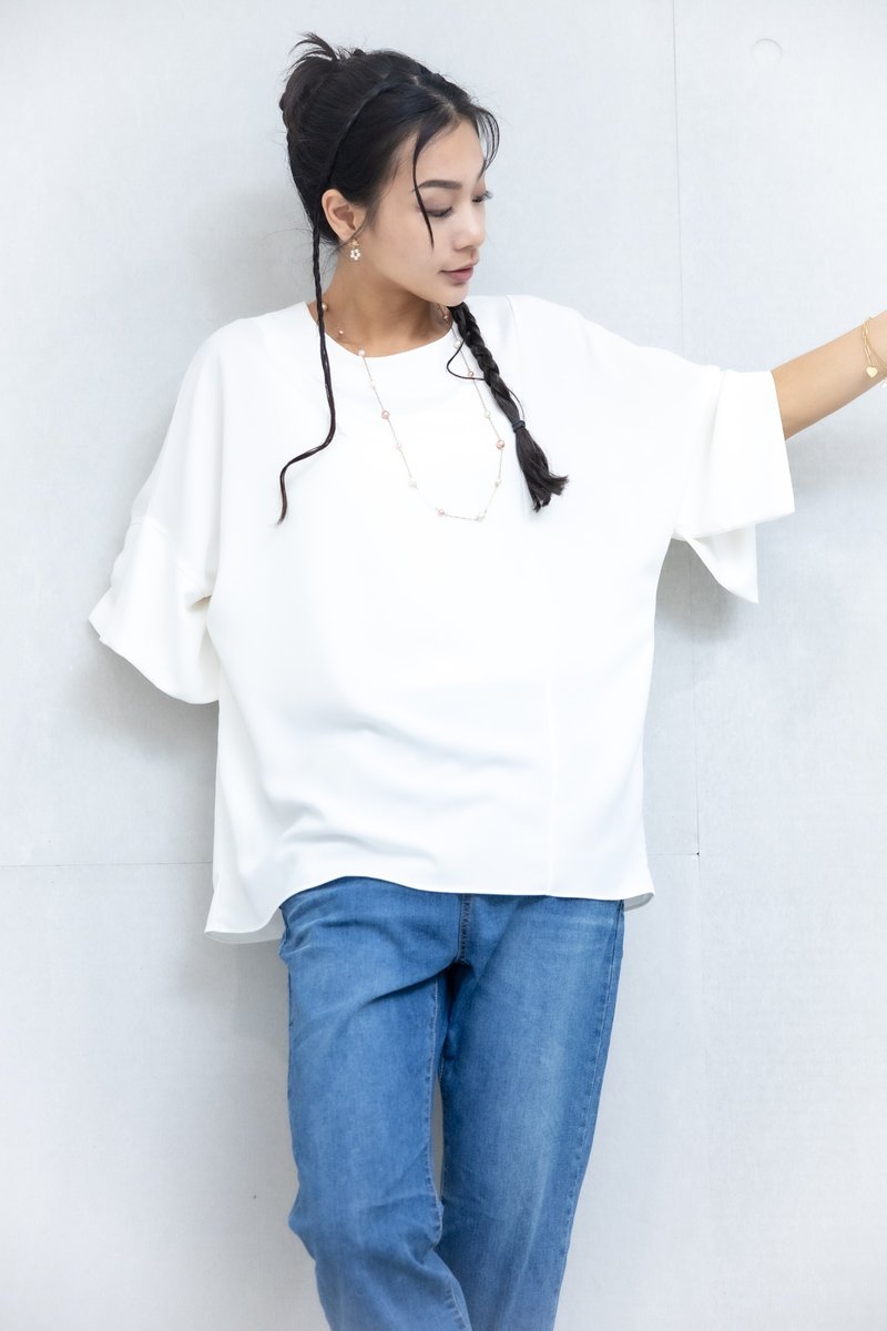 袖子开衩素色雪纺上衣 白色 - 女装 T 恤 - 其他材质 白色