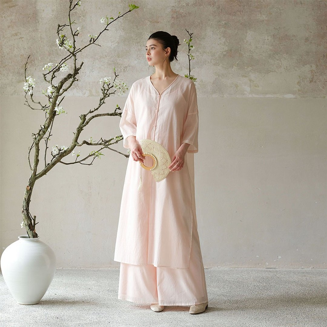苎麻新中式中國風上衣 / 褲子 / 禪意氣質日常廓形款 - 女装上衣 - 其他材质 粉红色