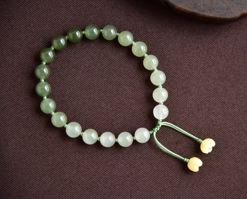 【青隐】天然和田玉青海料渐变圆珠蜜蜡桂花手绳手链 - 手链/手环 - 玉石 绿色