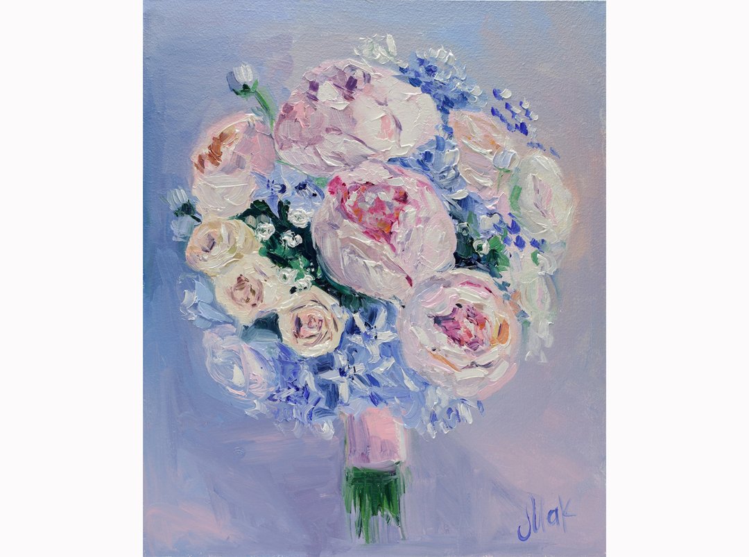 Peony Bouquet Painting Rose Original Wall Art Wedding Flower Oil Painting 12x10 - 海报/装饰画/版画 - 其他材质 粉红色