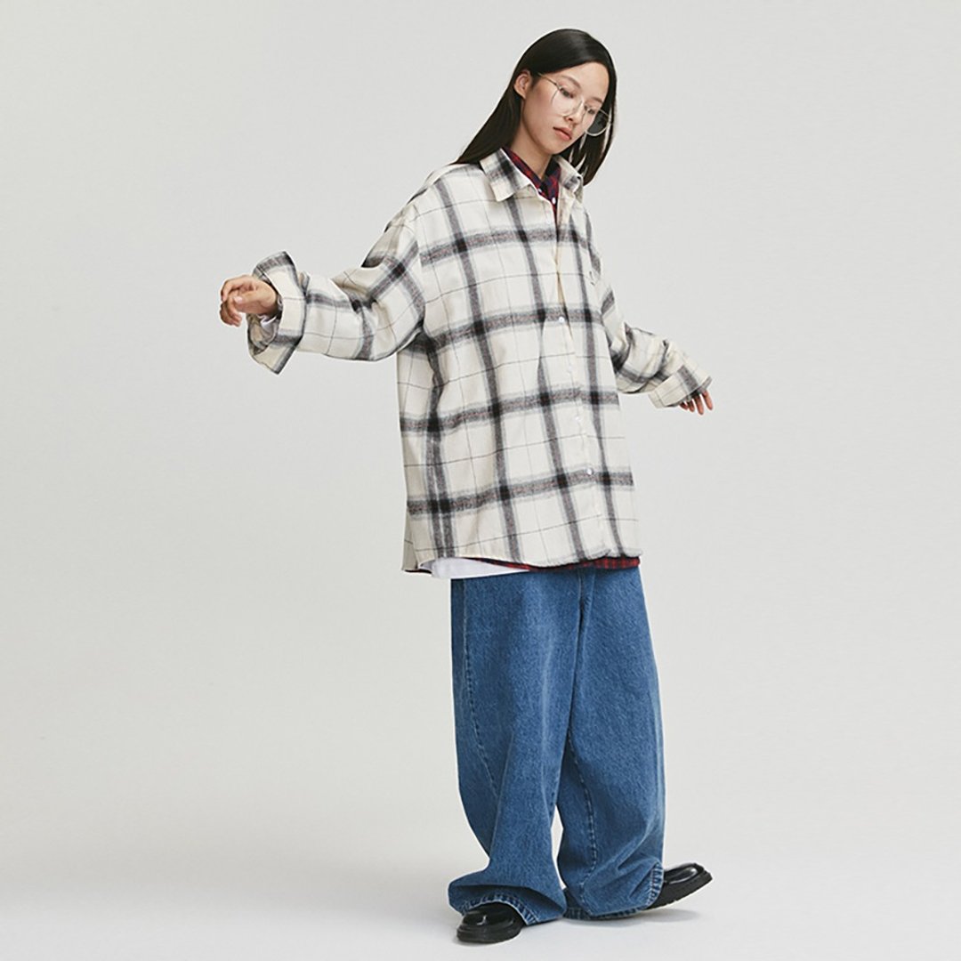 MOKACME 20FW 法兰西绒格纹格子衬衫情侣装 - 男装衬衫 - 聚酯纤维 白色