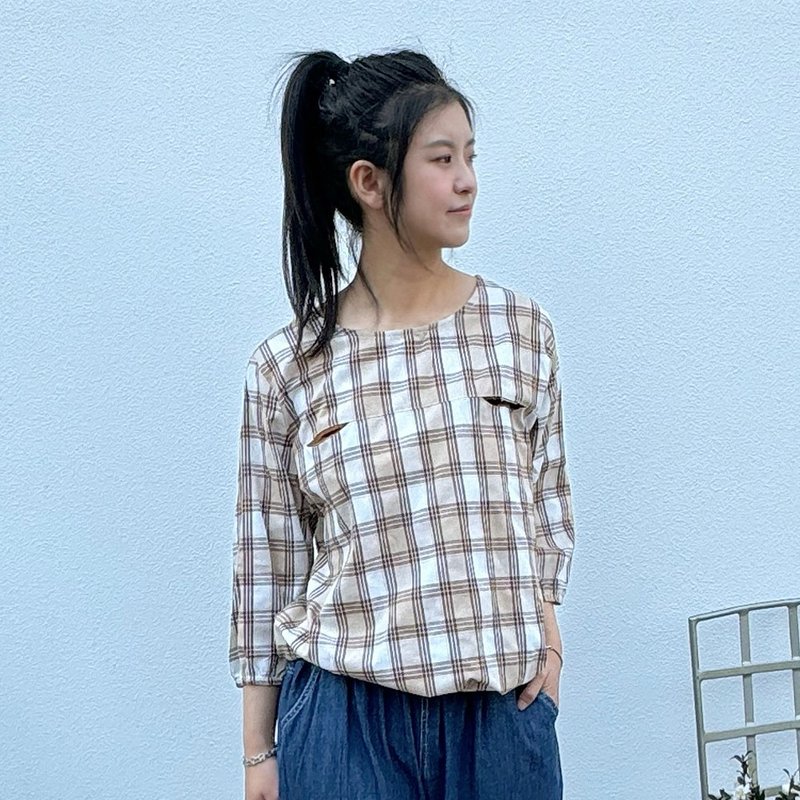 Hana Mokuba 圆领格纹松紧收口上衣 - 女装上衣 - 其他材质 