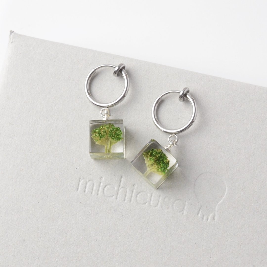 Clip-On Broccoli Stainless Steel Silver Color Resin Dried Flowers Japanese Design - 耳环/耳夹 - 植物．花 绿色