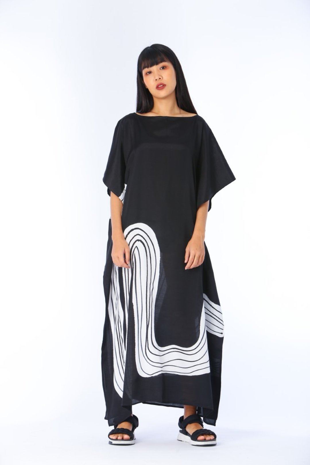 Hand Painted Cotton Silk Kaftan for Summer Resort Vacation F - 洋装/连衣裙 - 棉 黑色