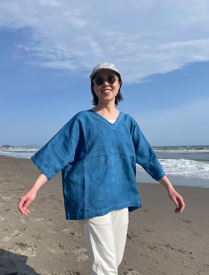 日本制造 - 靛蓝染色法国麻短袖衬衫 - 刺子绣亚麻衬衫 JAPANBLUE Aizome - 中性连帽卫衣/T 恤 - 棉．麻 蓝色