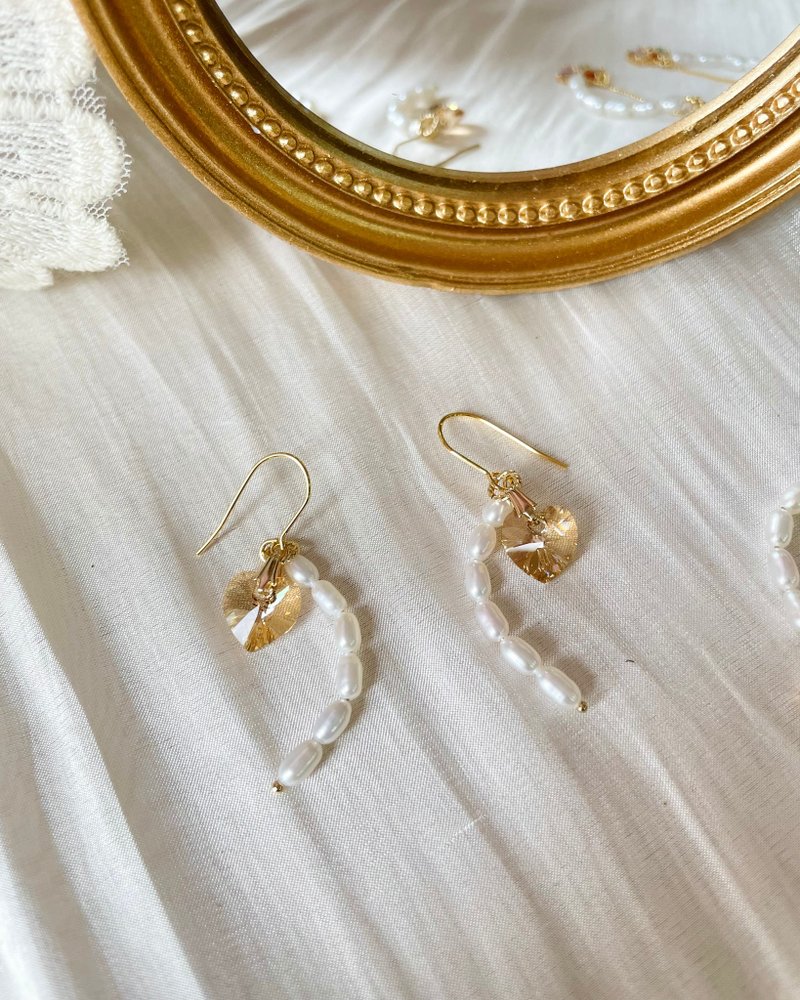 猜心 心形黄水晶流苏珍珠耳环 - 耳环/耳夹 - 珍珠 