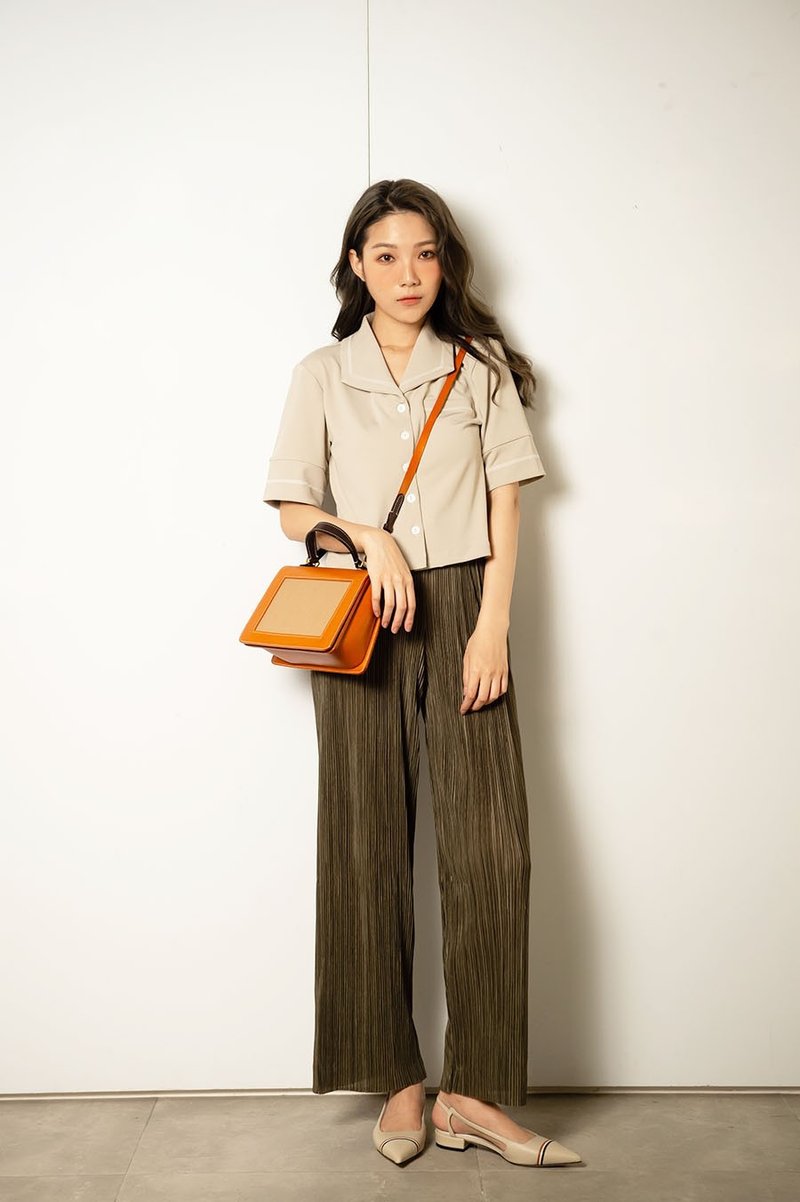 异材质拼接 立体方形侧背包 卡其 - 侧背包/斜挎包 - 真皮 卡其色