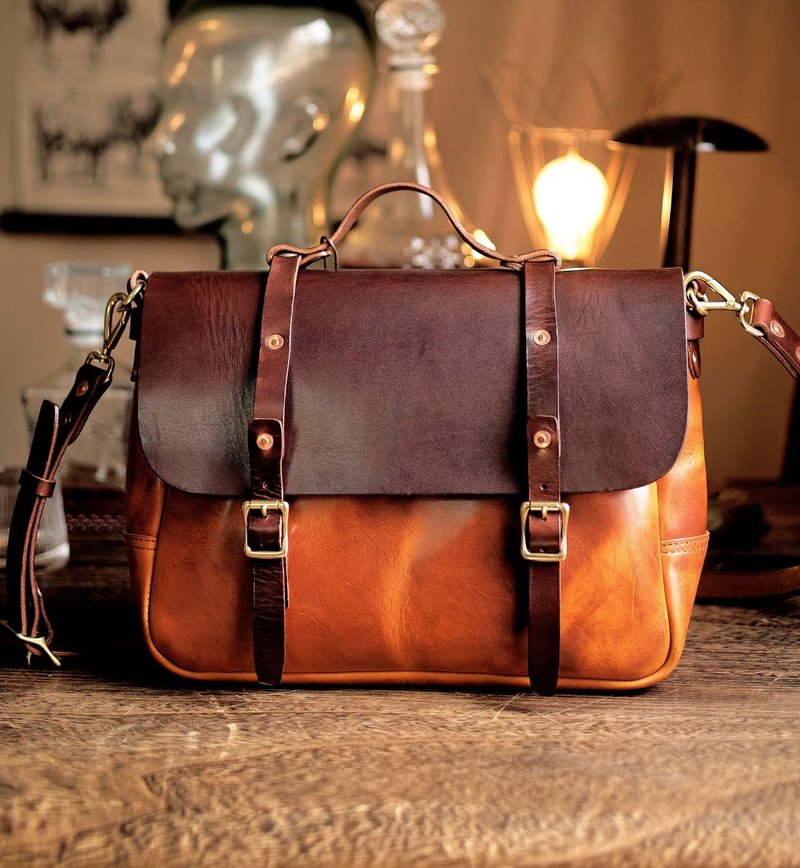 重工美式 骑行机车意大利牛皮单肩包/斜挎包/邮差包 - 手提包/手提袋 - 真皮 黄色