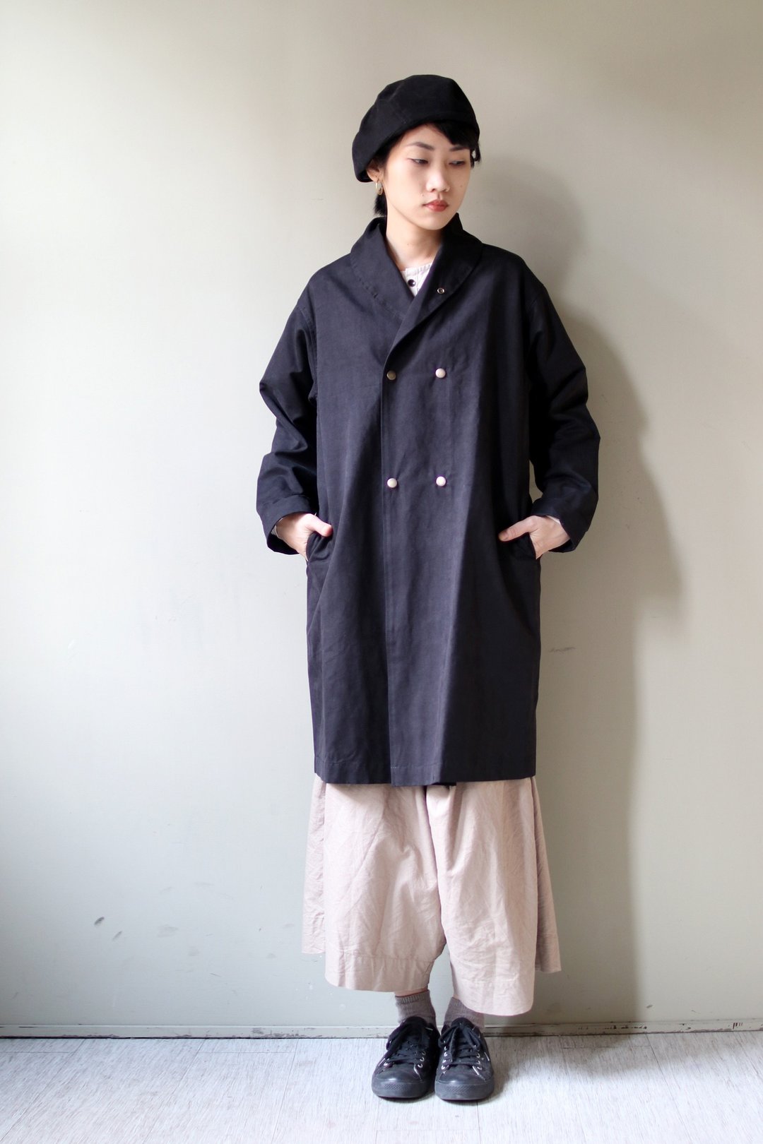 OMAKE 双排扣磨毛翻领硬币大衣 _黑 - 女装西装外套/风衣 - 棉 黑色