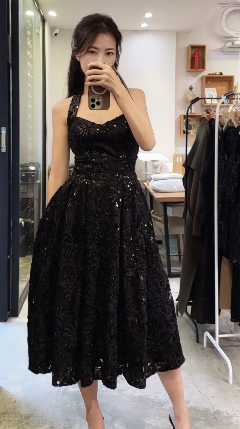 订制系列 - 赫本绕颈复古洋装 (亮片网纱) - 晚装/礼服 - 其他材质 