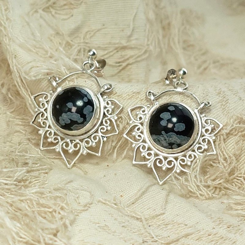 耳环 雪花 黑曜石 雪花石 925 银饰 宝石 (无耳洞者可改耳夹式) - 耳环/耳夹 - 宝石 