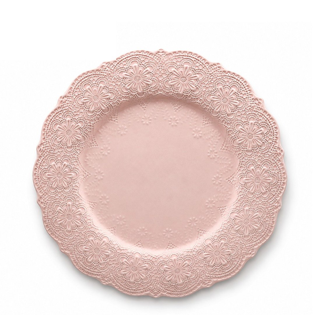 意大利 VBC casa 手工浮雕蕾丝系列 33cm 餐盘 粉红色 - 盘子/餐盘/盘架 - 陶 白色