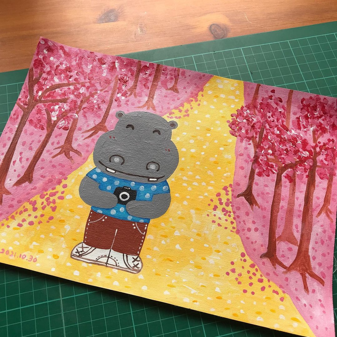 原画  ∣  河马赏樱花 - 画框/相框 - 其他材质 多色