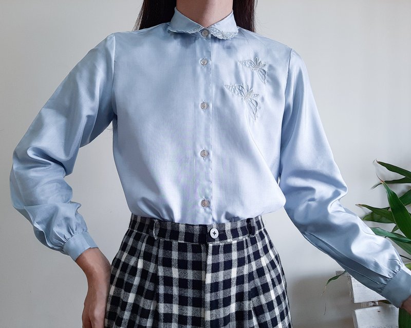复古蓝灰色刺绣衬衫蝴蝶刺绣上衣 S 码 - 女装衬衫 - 聚酯纤维 蓝色
