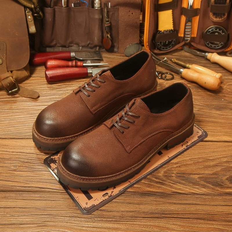 休闲磨砂大头皮鞋 男士工装鞋 复古英伦风厚底德比鞋 - 男款皮鞋 - 真皮 咖啡色