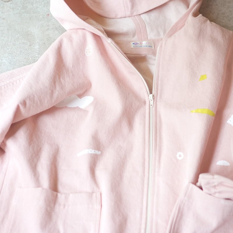 Yinke原创印花：粉粉厚实牛仔大口袋外套-小狗、风、浪 - 女装休闲/机能外套 - 棉．麻 粉红色