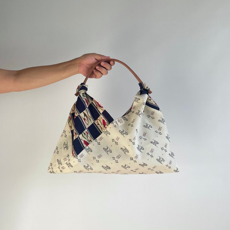 [独特] 单层 Azuma 包，两种颜色可选 - 米白色伊卡特图案羊毛和服面料 & 蓝色和抽象格纹羊毛和服面料 - 手提包/手提袋 - 羊毛 白色