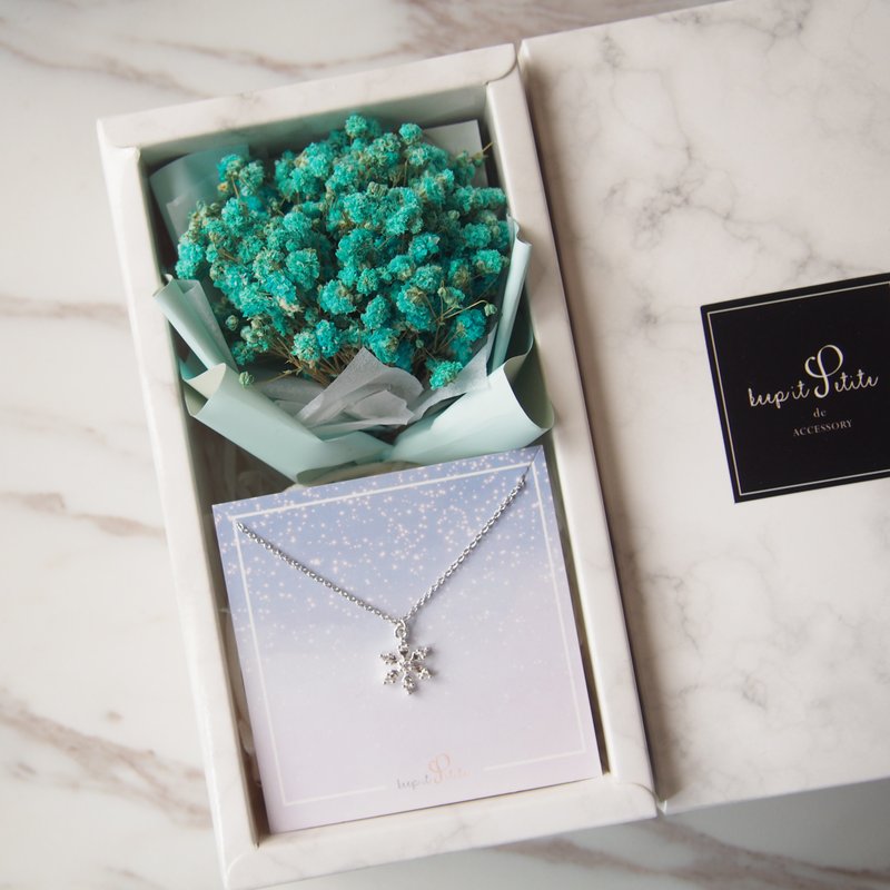 蓝绿色干燥满天星花束 + 小雪花项链 礼盒套装 - 项链 - 其他材质 蓝色
