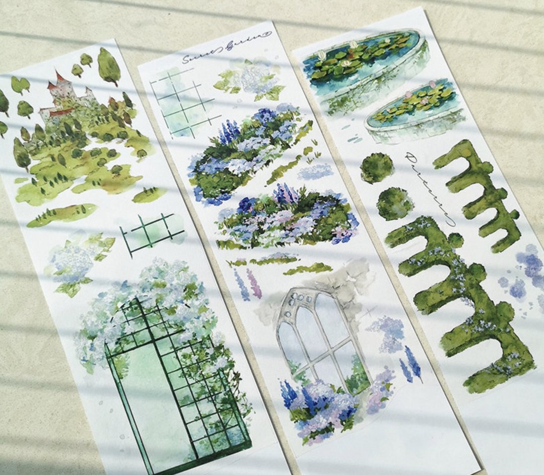 秘密花園 (I) 旅の記録 水彩繪畫 和紙膠帶 10米卷 台灣製 巨畫幅 - 纸胶带 - 其他材质 绿色