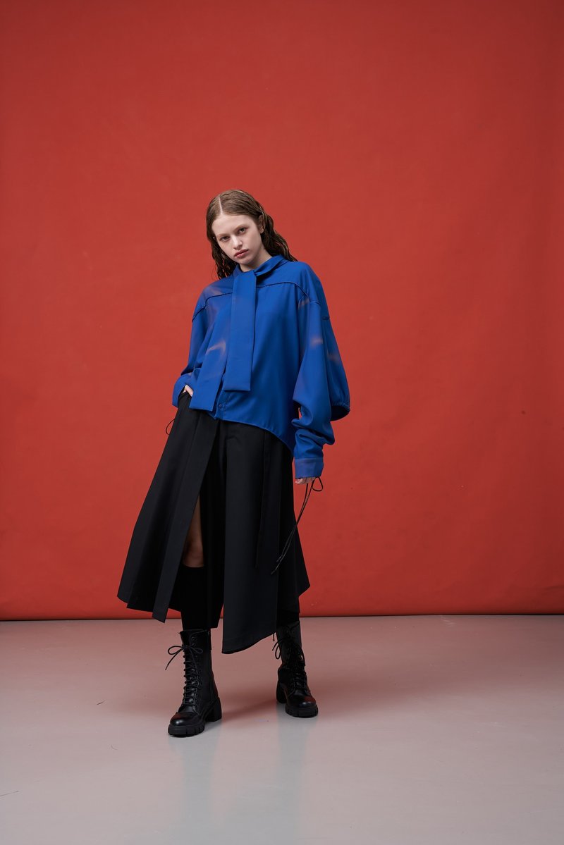 衬衫/长袖/抽皱/水袖/短版/法式慵懒/MRI/渲染/印花/INF/SS25 - 女装衬衫 - 聚酯纤维 蓝色