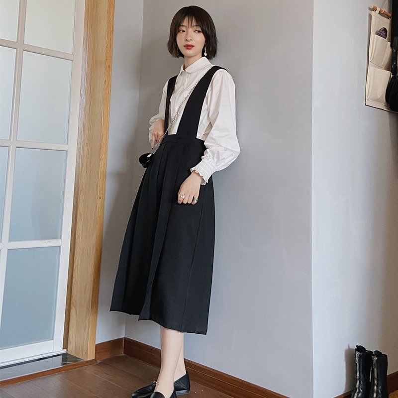 日系轻复古背带半身裙|背带裙|春款|聚酯纤维|Sora-443 - 裙子 - 聚酯纤维 黑色