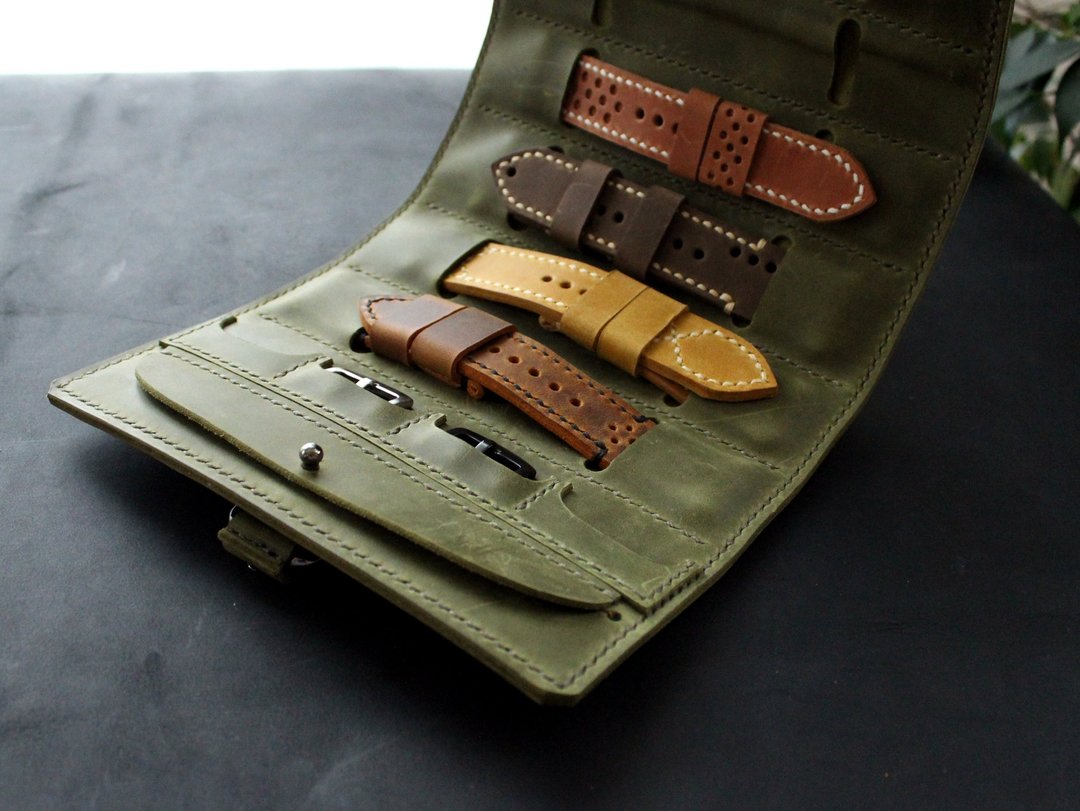 Watch strap roll Genuine Leather watchbands storage travel case - 表带 - 真皮 绿色