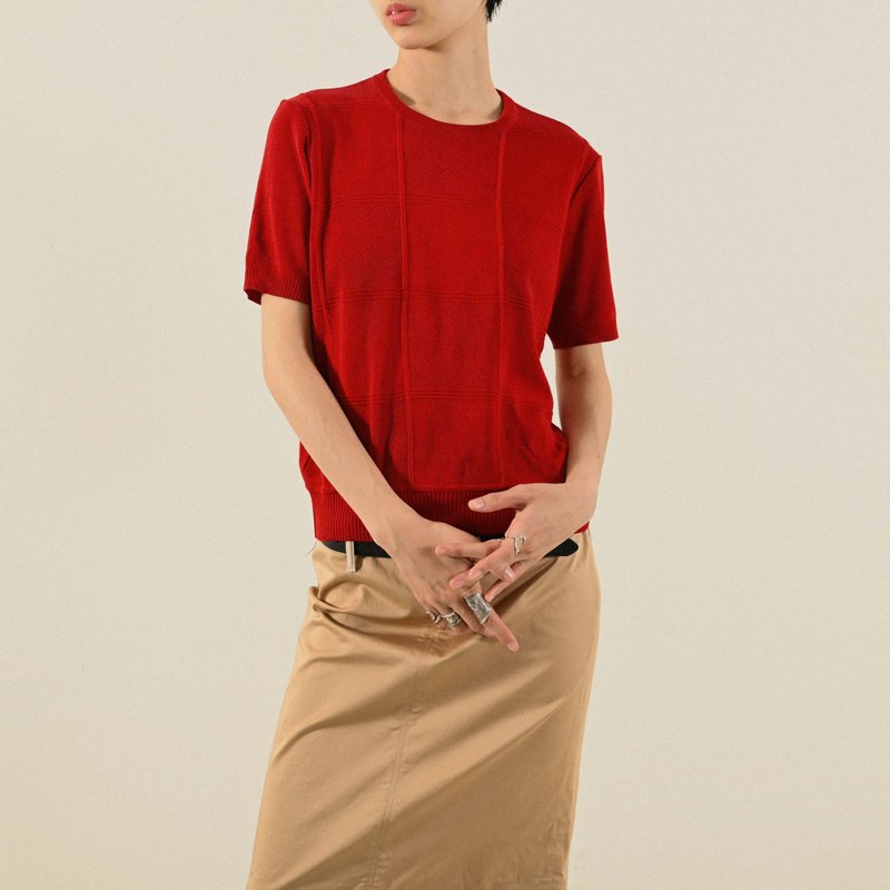 【NaSuBi Vintage】细致织纹针织古着上衣 - 女装针织衫/毛衣 - 其他人造纤维 红色