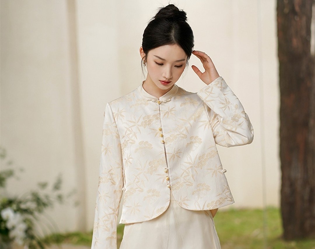 松竹意 新中式禅意唐装立领茶服 - 女装上衣 - 丝．绢 白色