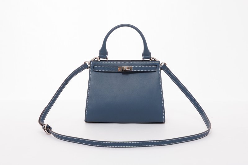 ELLE | 锁头磁扣牛皮手提包 | 小号 | 牛仔蓝 - 手提包/手提袋 - 真皮 蓝色