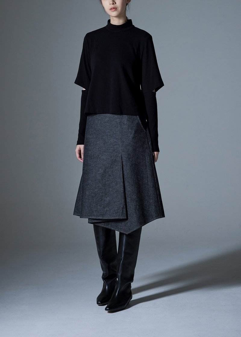 不对称牛仔中长裙 - 裙子 - 棉．麻 灰色