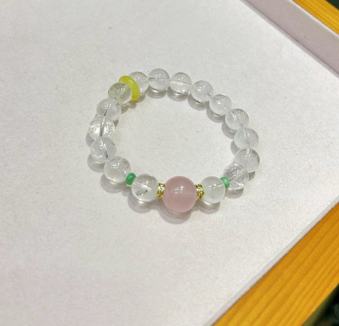 11mm天然白幽灵 粉水晶翡翠蜜蜡跑环设计单圈手串手链s - 手链/手环 - 宝石 橘色