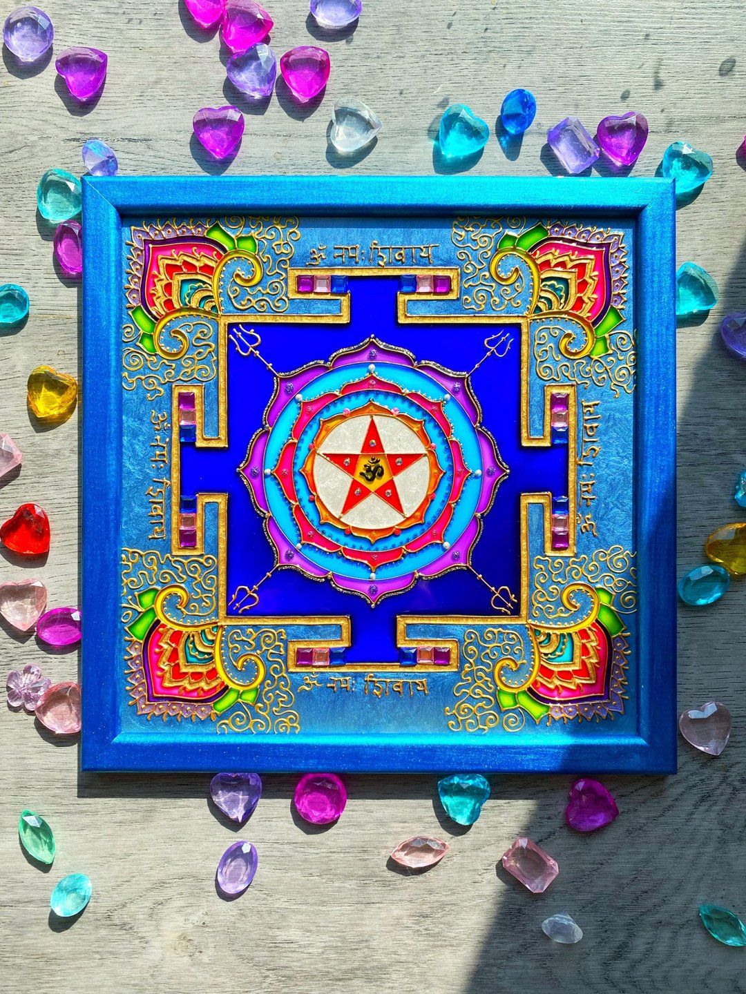 室利 MahaMrityunjaya Yantra 愈合手绘湿婆神吠陀占星术 Vastu - 墙贴/壁贴 - 玻璃 蓝色