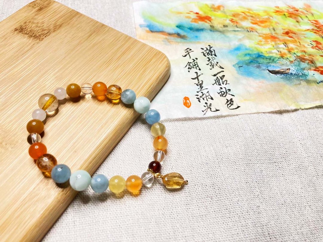 玄明手作/天然石手珠-秋色湖光 - 手链/手环 - 水晶 橘色